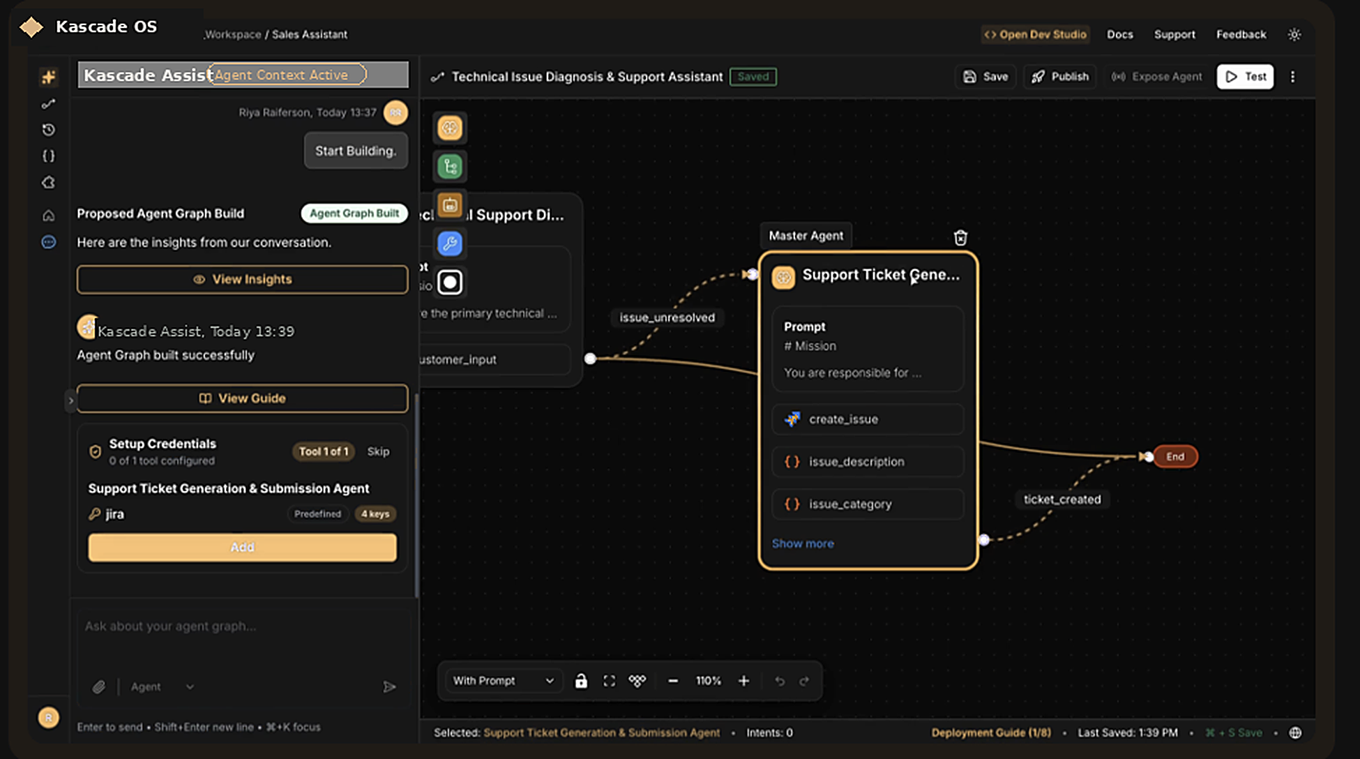 Kascade OS studio: low-code agent flow canvas where Kascade experts assemble and adapt agents.